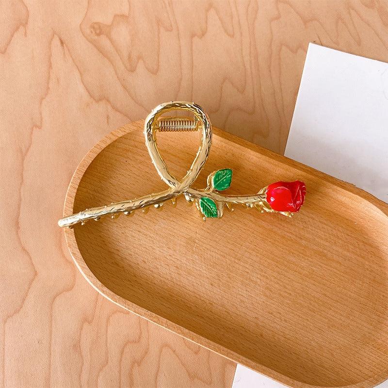 Red Rose Hair Claw Clip Golden Metal Non Slip Strong Hold Grip Hair Jaw Clip