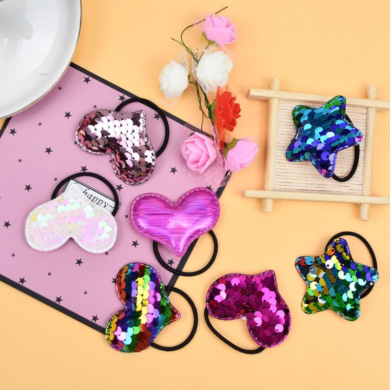 Girls Glitter Sequin Hair Tie Cartoon Crown Star Hair Rope Elastic Ponytail