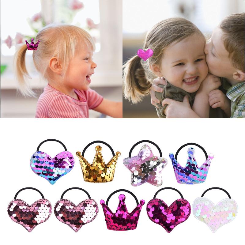 Girls Glitter Sequin Hair Tie Cartoon Crown Star Hair Rope Elastic Ponytail