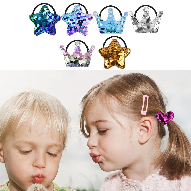 Girls Glitter Sequin Hair Tie Cartoon Crown Star Hair Rope Elastic Ponytail