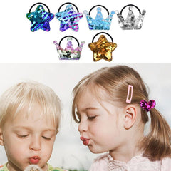 Girls Glitter Sequin Hair Tie Cartoon Crown Star Hair Rope Elastic Ponytail