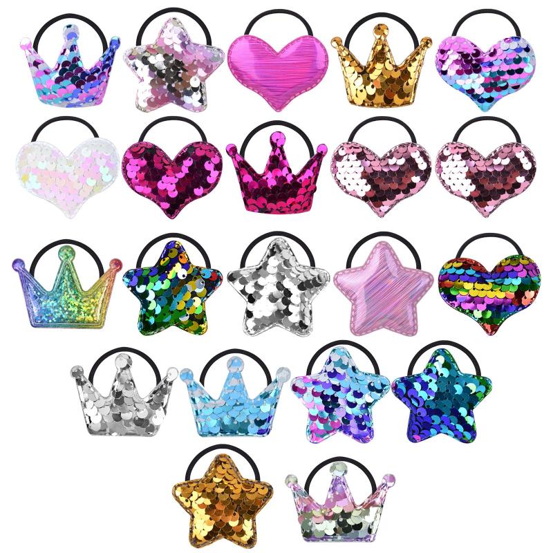Girls Glitter Sequin Hair Tie Cartoon Crown Star Hair Rope Elastic Ponytail
