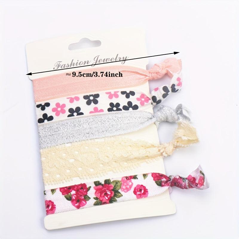 5pcs Knotted Hair Rope Floral Ribbon Hair Tie Hair Ring Elastic Ponytail Holder