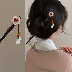 Chinese Floral Hairpin Wooden Hair Stick Ponytail Holder Accessories