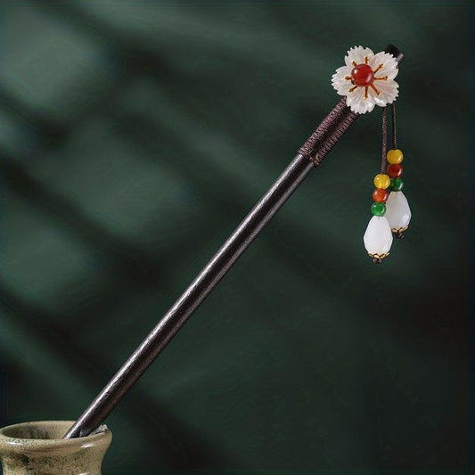 Chinese Floral Hairpin Wooden Hair Stick Ponytail Holder Accessories