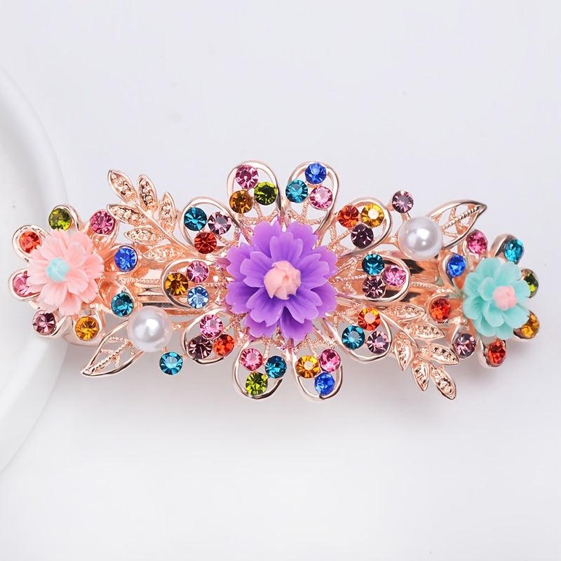 Colorful Flower Girls Hair Clip Barrette Rhinestone Faux Pearls Decor Hairpin