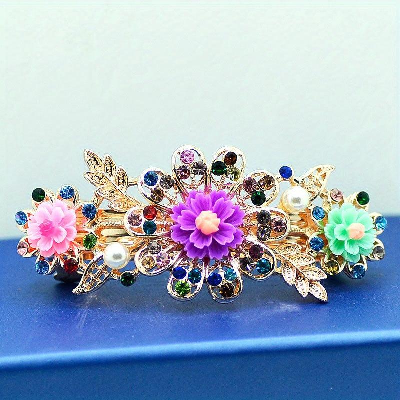 Colorful Flower Girls Hair Clip Barrette Rhinestone Faux Pearls Decor Hairpin