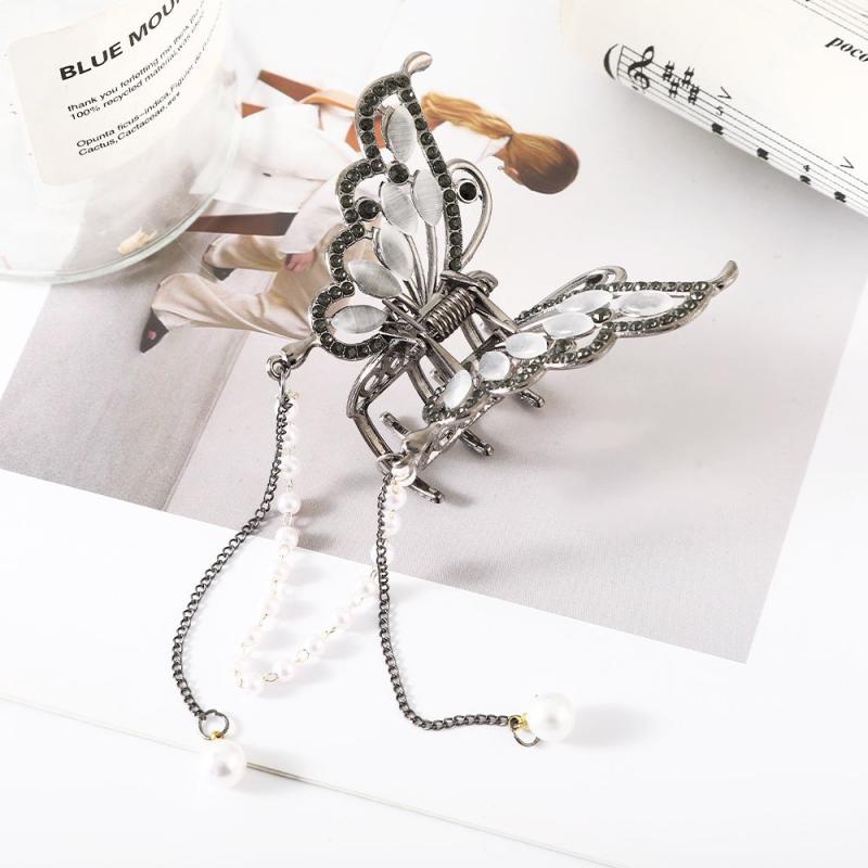 Butterfly Rhinestone Hair Claw Clip with Tassel - Golden