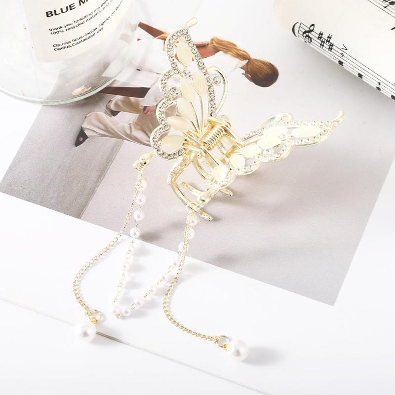 Butterfly Rhinestone Hair Claw Clip with Tassel - Golden
