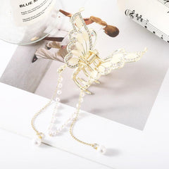 Butterfly Rhinestone Hair Claw Clip with Tassel - Golden