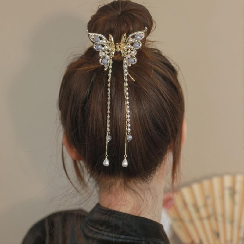 Butterfly Rhinestone Hair Claw Clip with Tassel - Golden