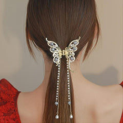 Butterfly Rhinestone Hair Claw Clip with Tassel - Golden