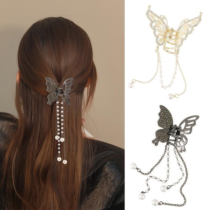 Butterfly Rhinestone Hair Claw Clip with Tassel - Golden