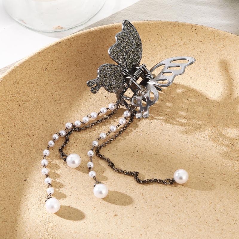 Butterfly Rhinestone Hair Claw Clip with Tassel - Golden