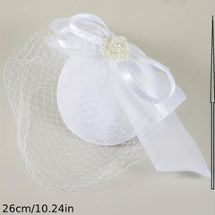 Women Satin Bowknot Head Piece With Duck Billed Clip Faux Pearl Hair Accessory