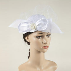 Women Satin Bowknot Head Piece With Duck Billed Clip Faux Pearl Hair Accessory
