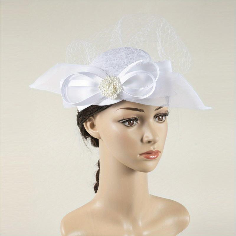 Women Satin Bowknot Head Piece With Duck Billed Clip Faux Pearl Hair Accessory