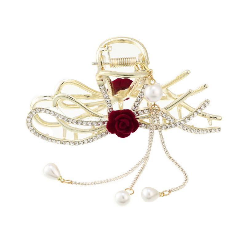 Red Rose Rhinestone Hair Claw Clip with Pearls and Tassel