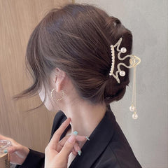 Red Rose Rhinestone Hair Claw Clip with Pearls and Tassel