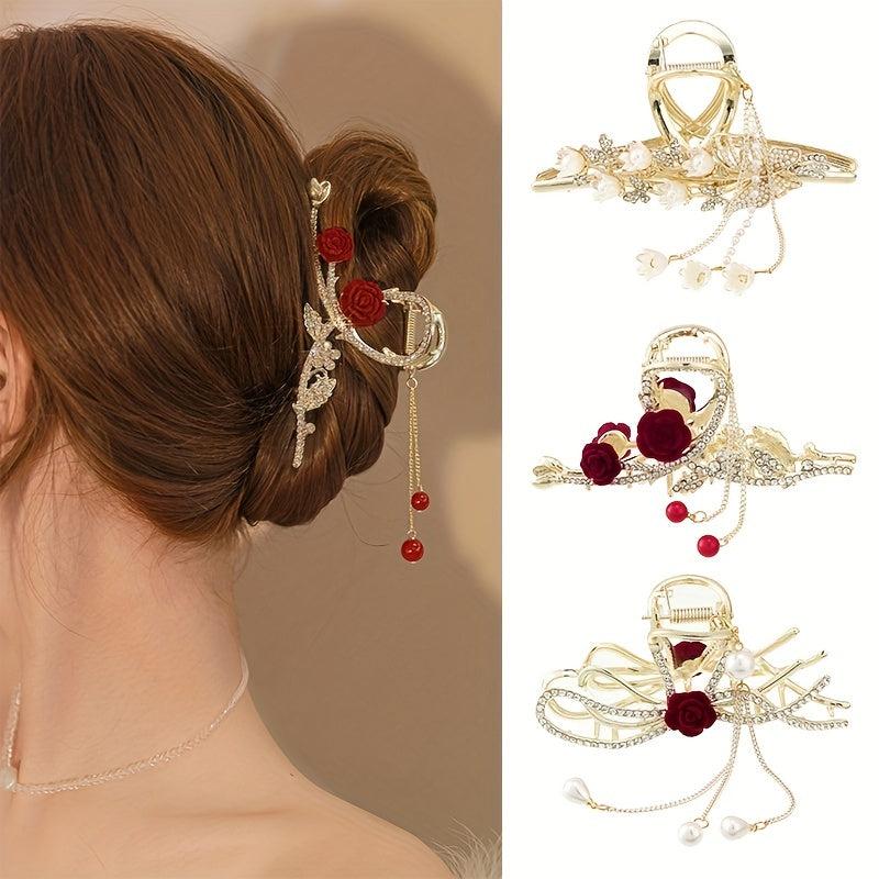 Red Rose Rhinestone Hair Claw Clip with Pearls and Tassel