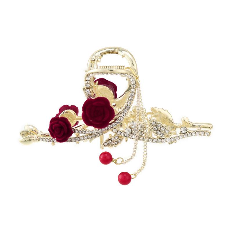Red Rose Rhinestone Hair Claw Clip with Pearls and Tassel