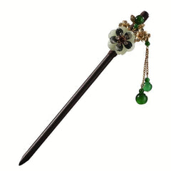 Chinese Floral Hairpin Faux Jade Pendant Wooden Hair Stick Ponytail Holder