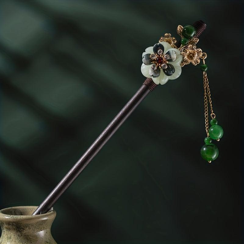 Chinese Floral Hairpin Faux Jade Pendant Wooden Hair Stick Ponytail Holder