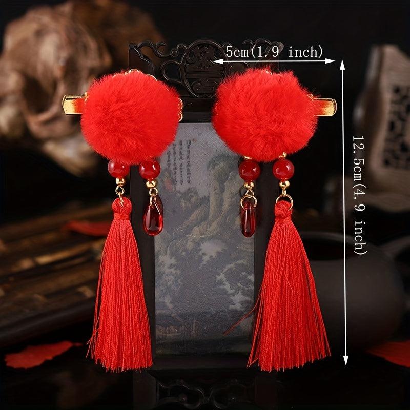 Plush Ball Hair Clip With Tassel Spring Style Hair Clip Duck Billed Clip