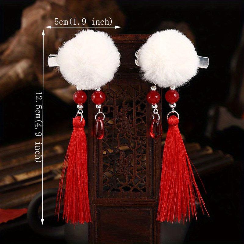 Plush Ball Hair Clip With Tassel Spring Style Hair Clip Duck Billed Clip