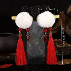Plush Ball Hair Clip With Tassel Spring Style Hair Clip Duck Billed Clip