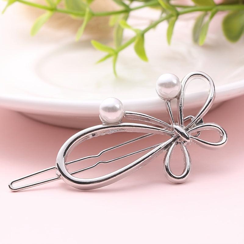 Vintage Golden Hair Clip with Faux Pearl, Bow Knot Design