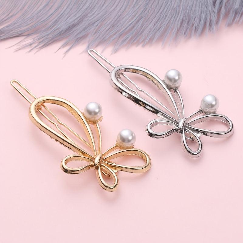 Vintage Golden Hair Clip with Faux Pearl, Bow Knot Design