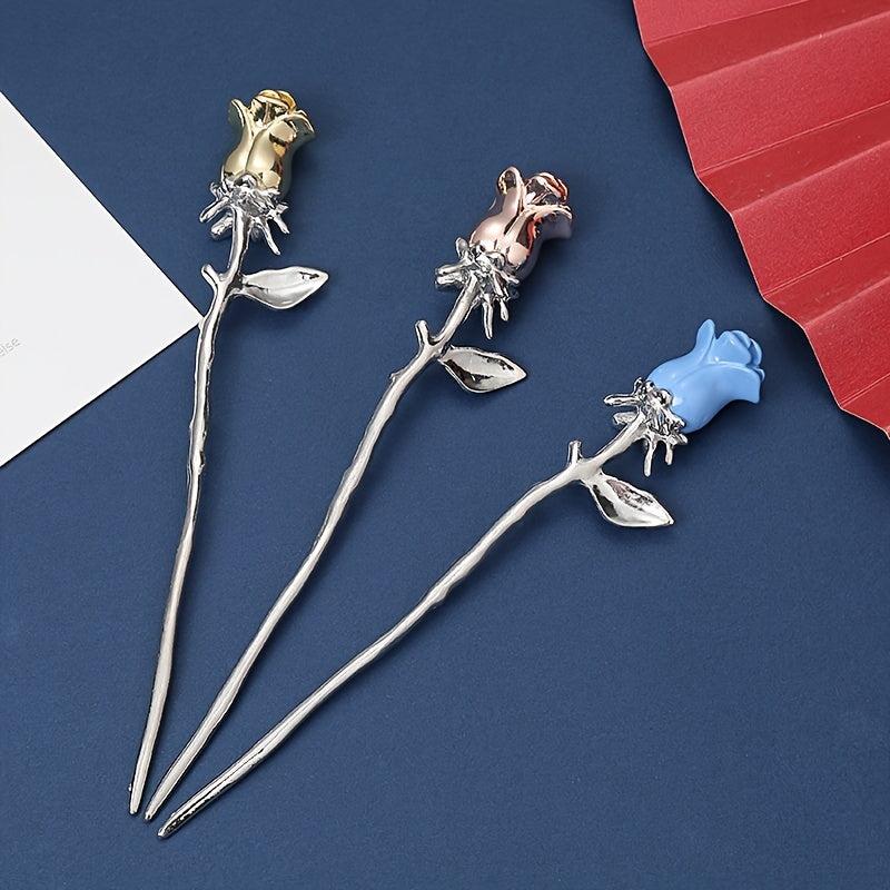 Silvery Rose Hairpin Hair Stick Ponytail Holder Hair Accessories