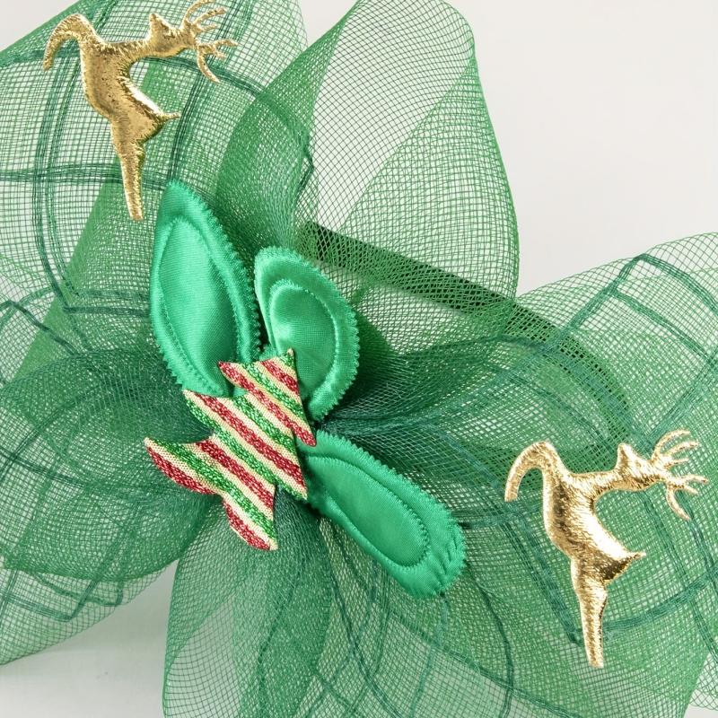 Christmas Mesh Head Piece Golden Elk Decor Green Fascinator Headband