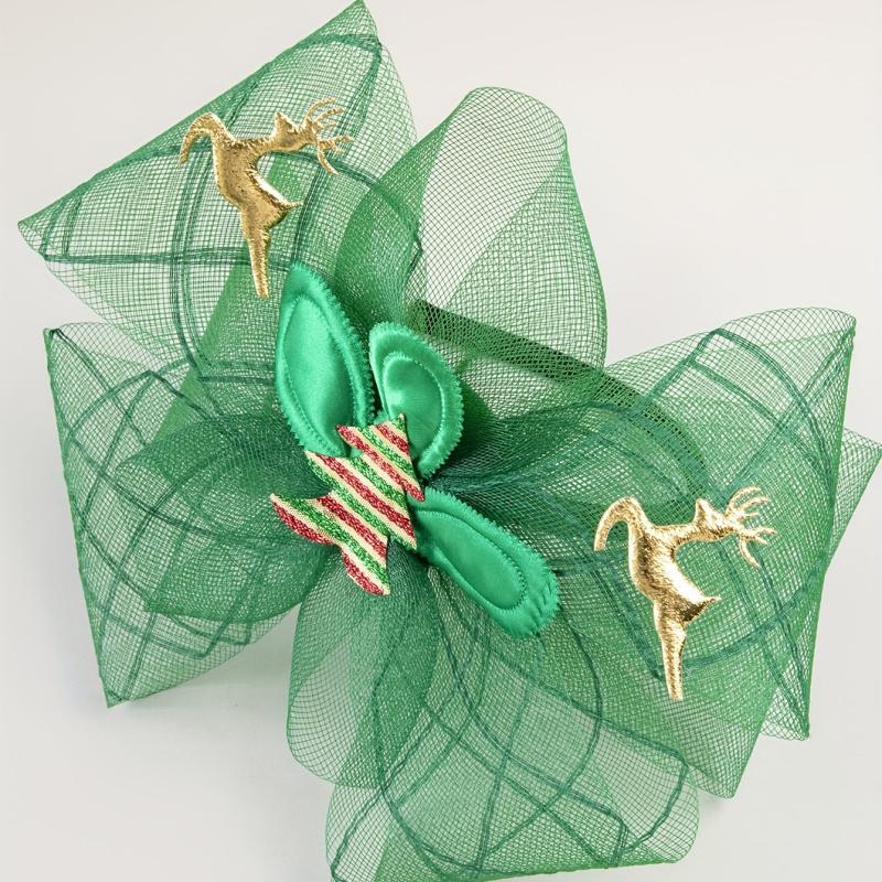 Christmas Mesh Head Piece Golden Elk Decor Green Fascinator Headband
