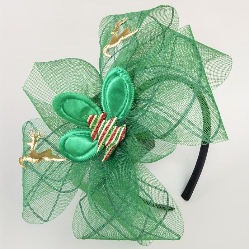 Christmas Mesh Head Piece Golden Elk Decor Green Fascinator Headband