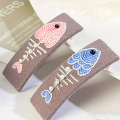 Fish Bone Embroidered Snap Clip Fabric Hair Clip Sweet Hair Clip