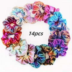 14pcs Holographic Scrunchies Hair Tie Y2K Gradient Laser Hair Rope Bracelet
