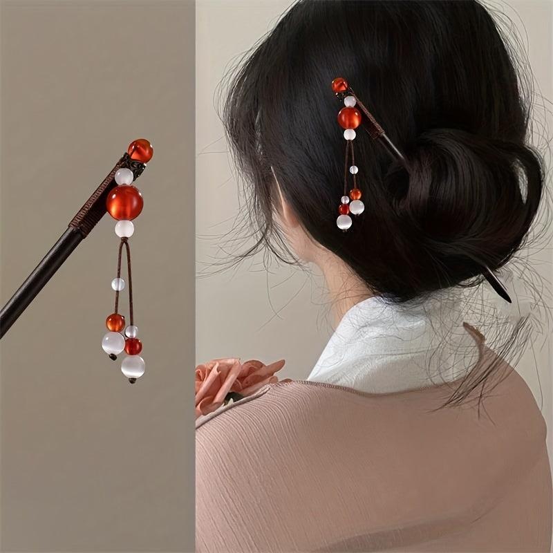 Red Beads Pendant Hair Pin Chinese Style Hair Stick Ponytail Holder