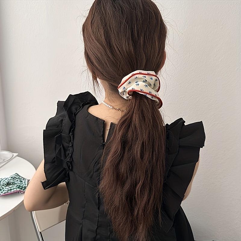 Floral Print Hair Tie Red Brim Hair Rope Sweet Ponytail Holder Women Girls