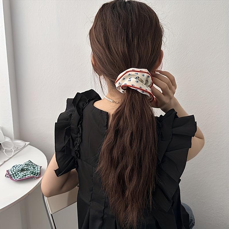 Floral Print Hair Tie Red Brim Hair Rope Sweet Ponytail Holder Women Girls