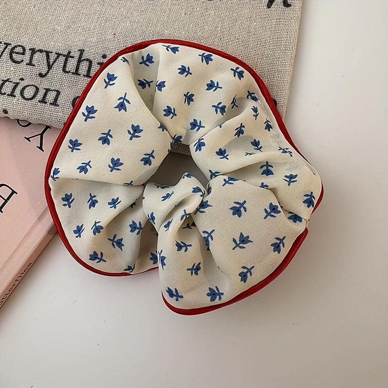 Floral Print Hair Tie Red Brim Hair Rope Sweet Ponytail Holder Women Girls
