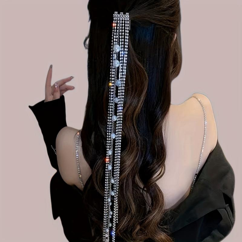 Rhinestone Tassel Hair Comb Back Head Ponytail Clip Y2K Style