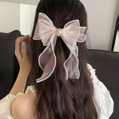 Organza Bow Hair Clip Faux Pearl Hair Clip Back Head French Barrette Head Wear