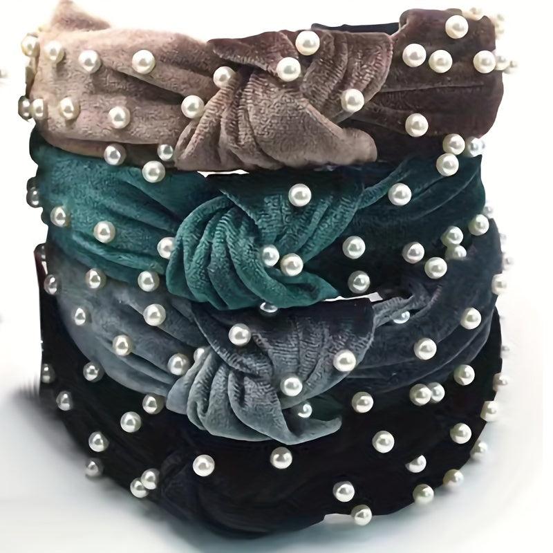 Velvet Knotted Headband with Faux Pearls