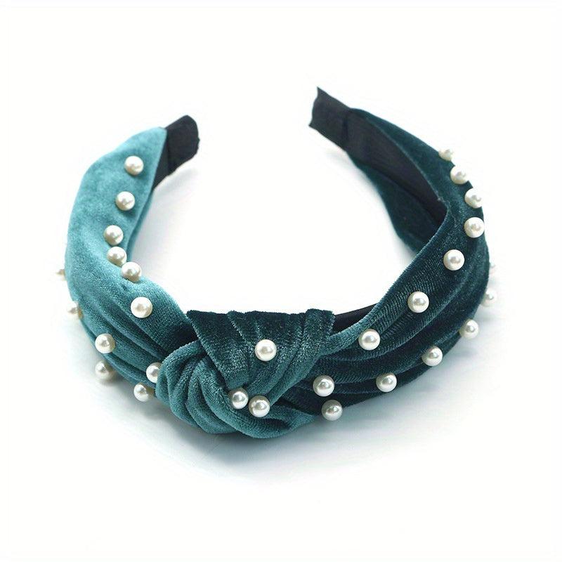 Velvet Knotted Headband with Faux Pearls