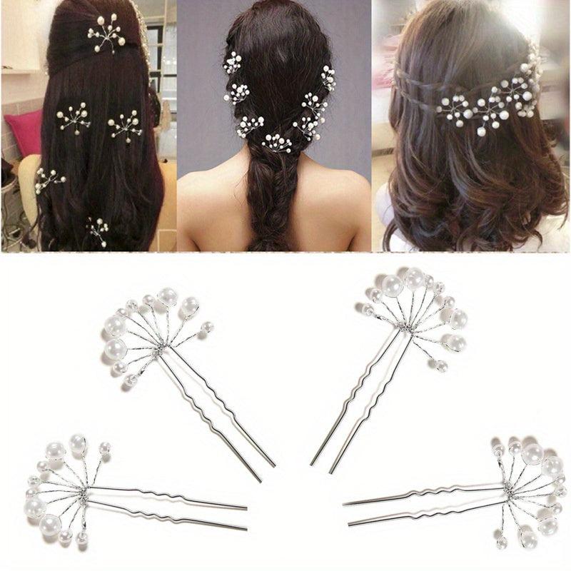 Faux Pearl Hairpin Silvery U-shaped Hair Pin Ponytail Holder