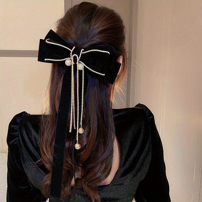 Ribbon Bow Hair Clip with Faux Pearl Tassel Barrette