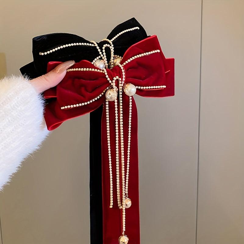 Ribbon Bow Hair Clip with Faux Pearl Tassel Barrette