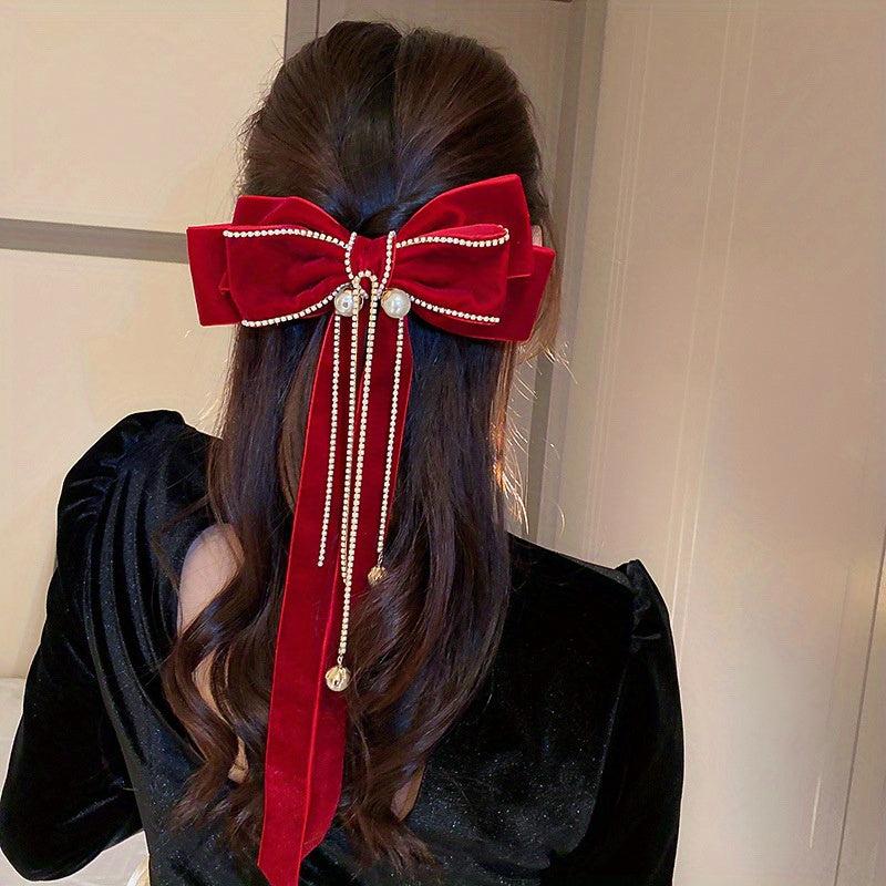Ribbon Bow Hair Clip with Faux Pearl Tassel Barrette